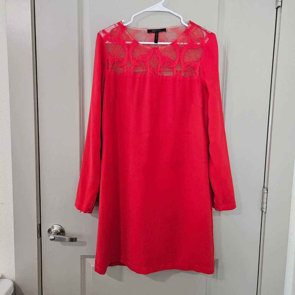 BCBGMAXAZRIA Emilie Red Berry Lace Yoke Cowl Back Shift Dress Size M